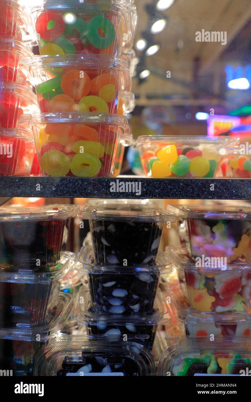 Plastic boxed candies for sale in Reading Terminal Market.Philadelphia.Pennsylvania.USA Stock Photo
