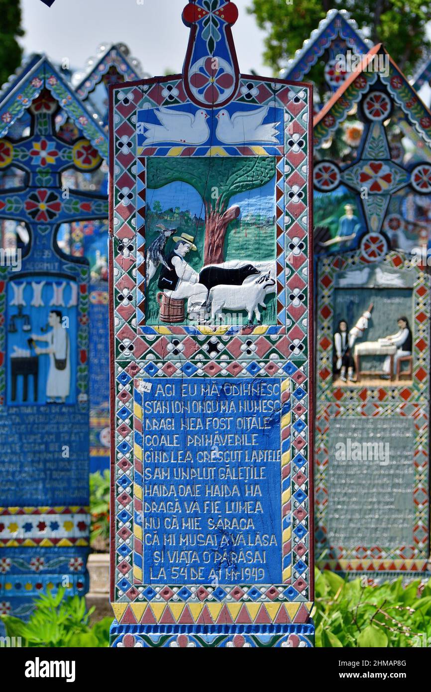 The Merry Cemetery (Cimitirul Vesel), in Sapanta, Maramures, Romania. A vidám temető Szaploncán. Stock Photo