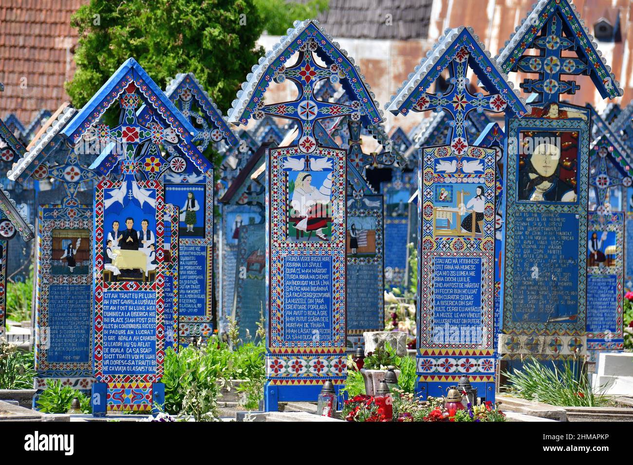 The Merry Cemetery (Cimitirul Vesel), in Sapanta, Maramures, Romania. A vidám temető Szaploncán. Stock Photo