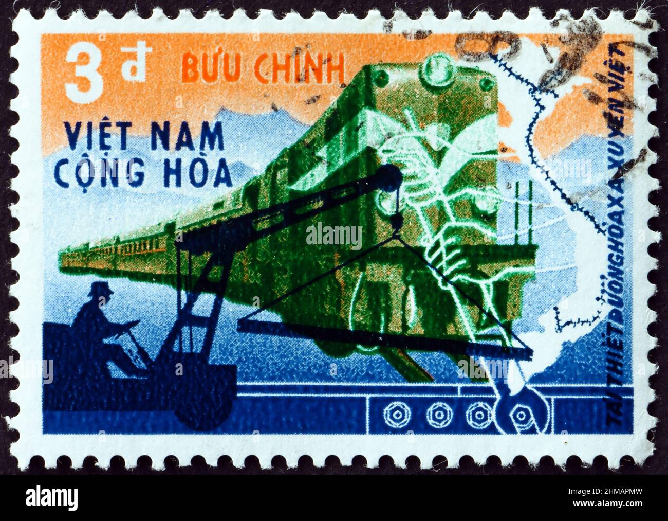 VIETNAM - CIRCA 1968: a stamp printed in Vietnam shows crane, train and ...