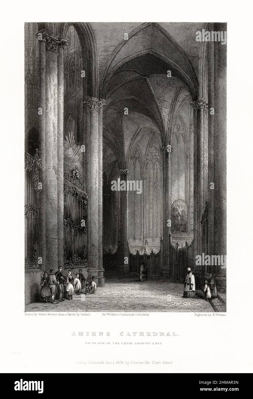 French Cathedral, Amiens Cathedral, France, Antique French Engraving, 1837 Stock Photo