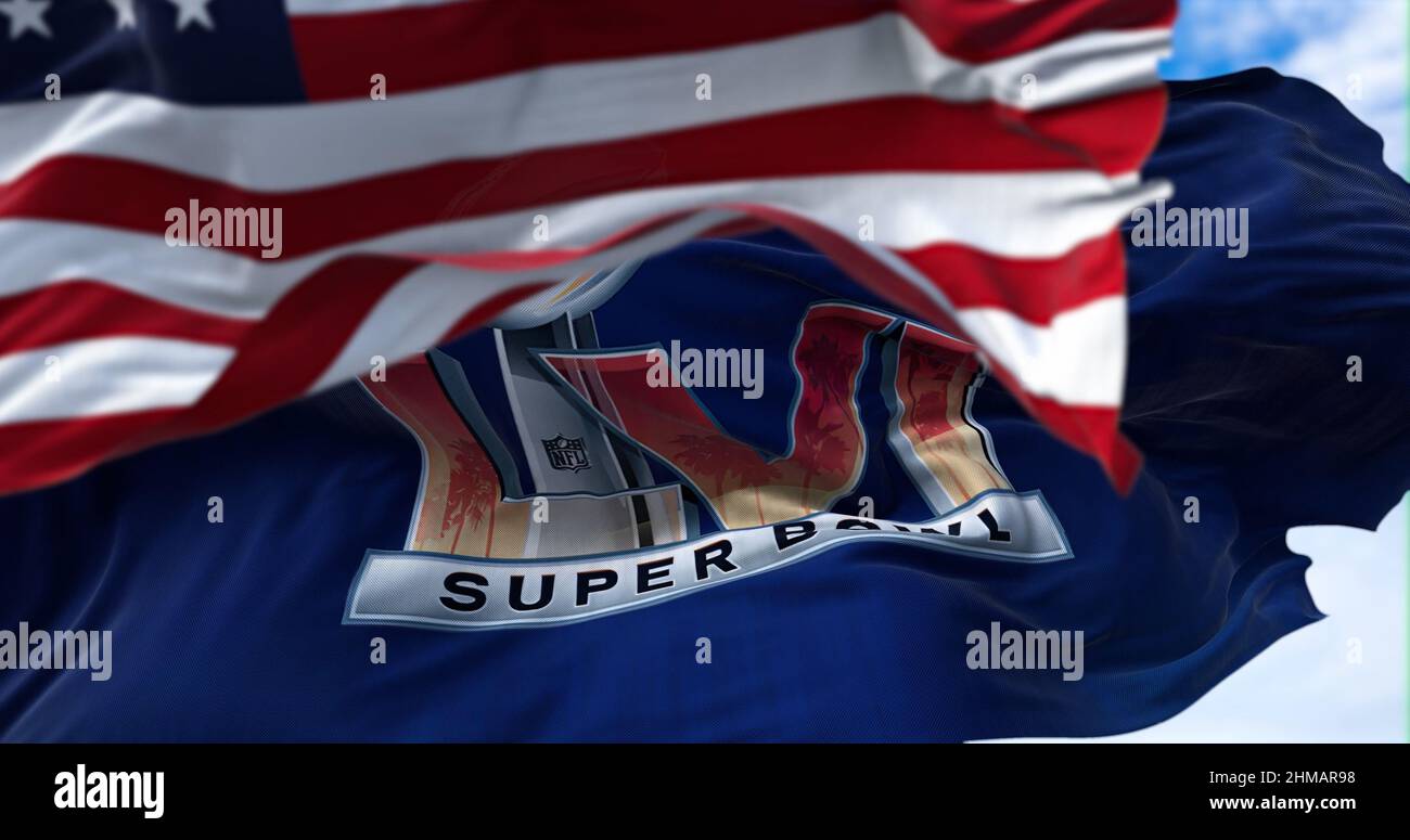 Inglewood, CA, USA, January 2022: The flag of the 56th Super Bowl waving in  the wind with the US national flag blurred in the foreground. The game is  Stock Photo - Alamy