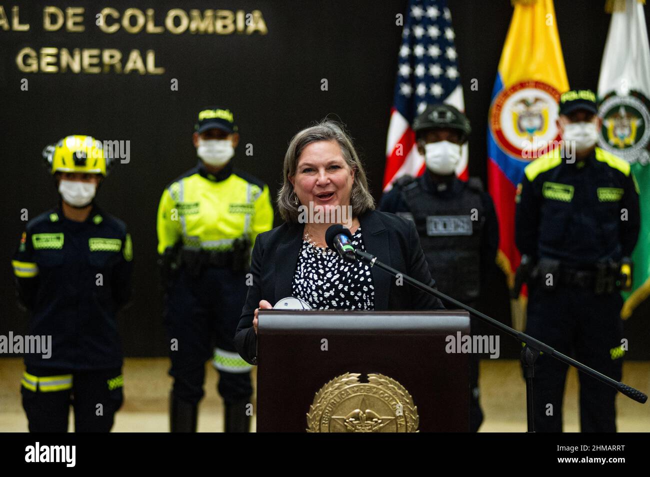 U.S.  Under Secretary of State for Political Affairs Victoria Nuland speaks to the press after meeting with the Colombia's National Police Director General Jorge Luis Vargas, at the police headquarters in Bogota, Colombia February 8, 2022. The United States Government announced a 8 million dollars donation to Colombia's police. Stock Photo