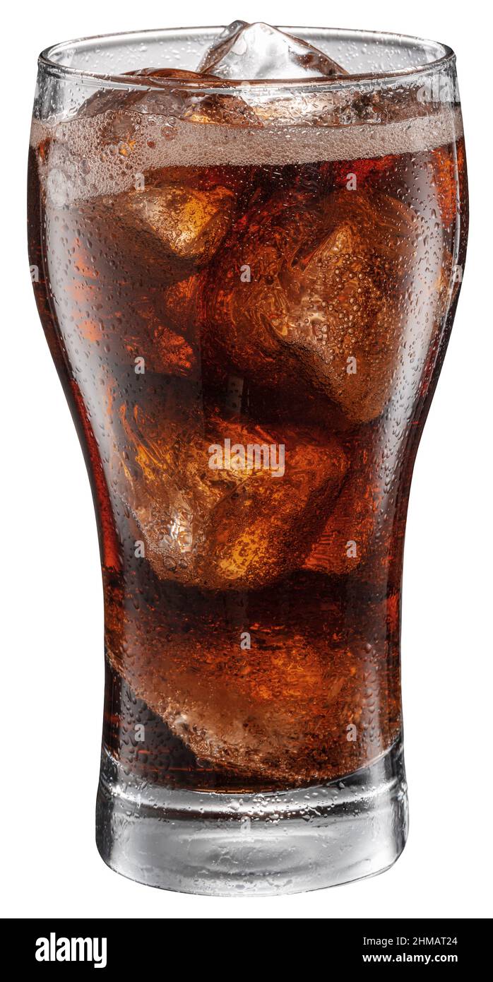 Cold glass of cola drink with ice cubes isolated on white background ...