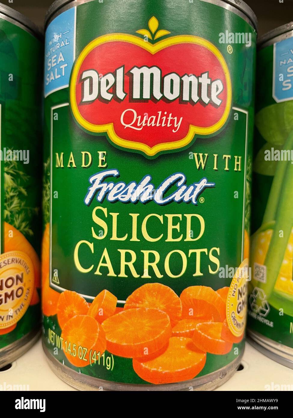Grovetown, Ga USA - 01 01 22: Retail Grocery store shelves Delmonte canned carrots sliced Stock Photo