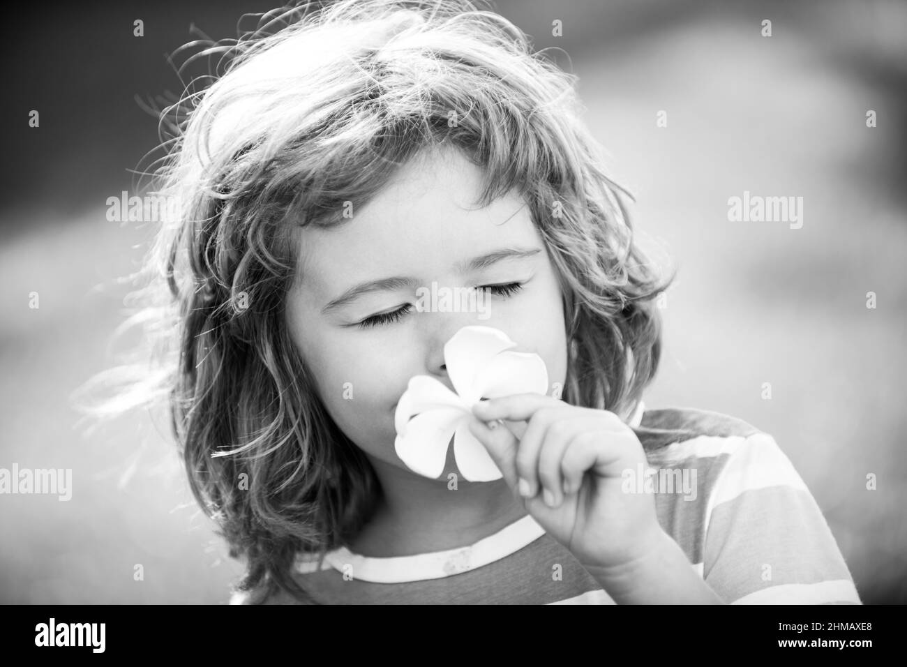 Funny child smelling plumeria flower, face close up. Kids in summer nature park, portrait. Stock Photo