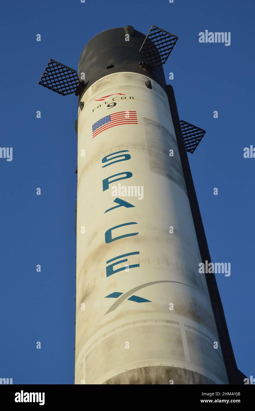 SpaceX Falcon 9 rocket replica adorns the United States pavilion at Expo Dubai in United Arab Emirates - February 1, 2022. Stock Photo