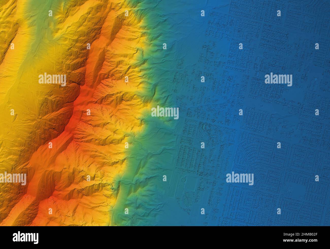 Digital elevation model. GIS 3D illustration made after proccesing aerial pictures taken from a drone. It shows lidar scanned, huge urban area of a ci Stock Photo