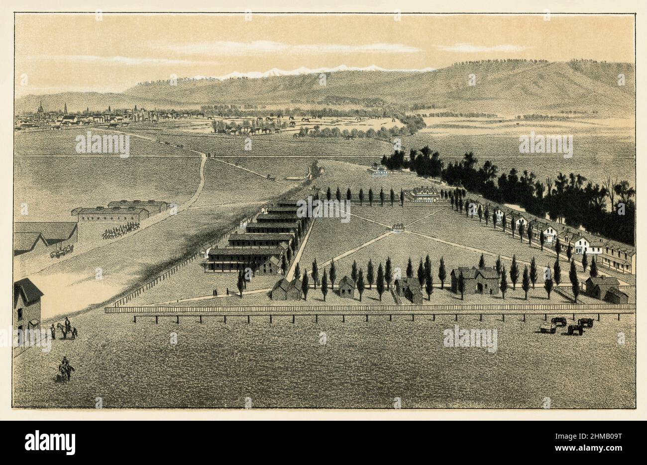US Cavalry barracks, Walla Walla, Washington, in the 1880s. Duotone lithograph Stock Photo