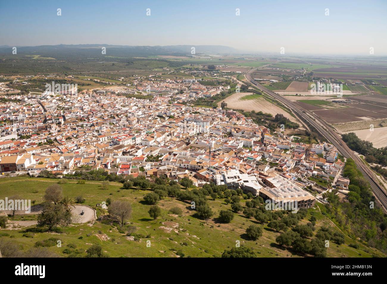 The town of Amodovar del Rio seen from above, Andalucia, Spain, Europe Stock Photo