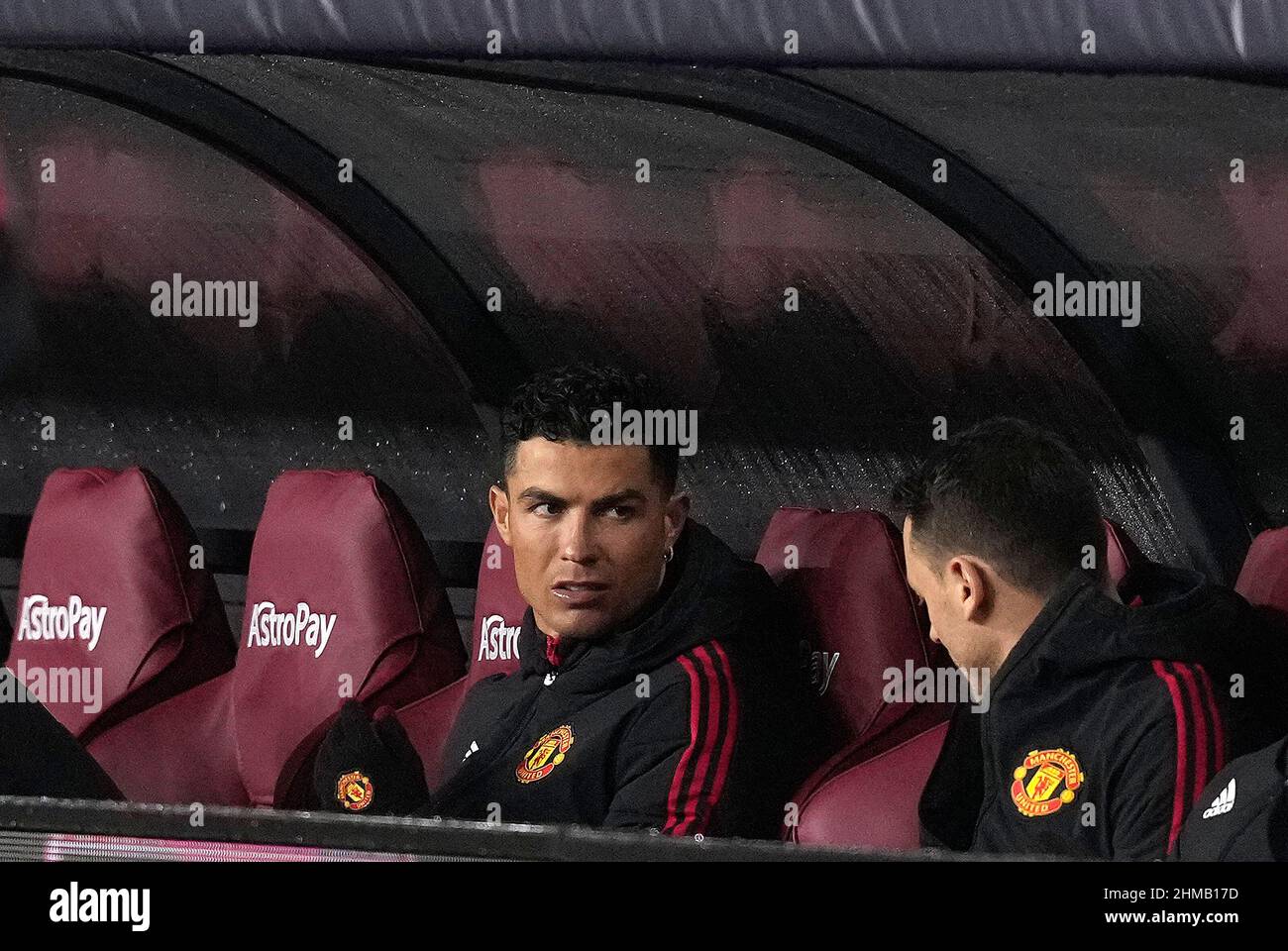 Burnley, England, 8th February 2022.   Cristiano Ronaldo of Manchester United sits on the bench during the Premier League match at Turf Moor, Burnley. Picture credit should read: Andrew Yates / Sportimage Stock Photo