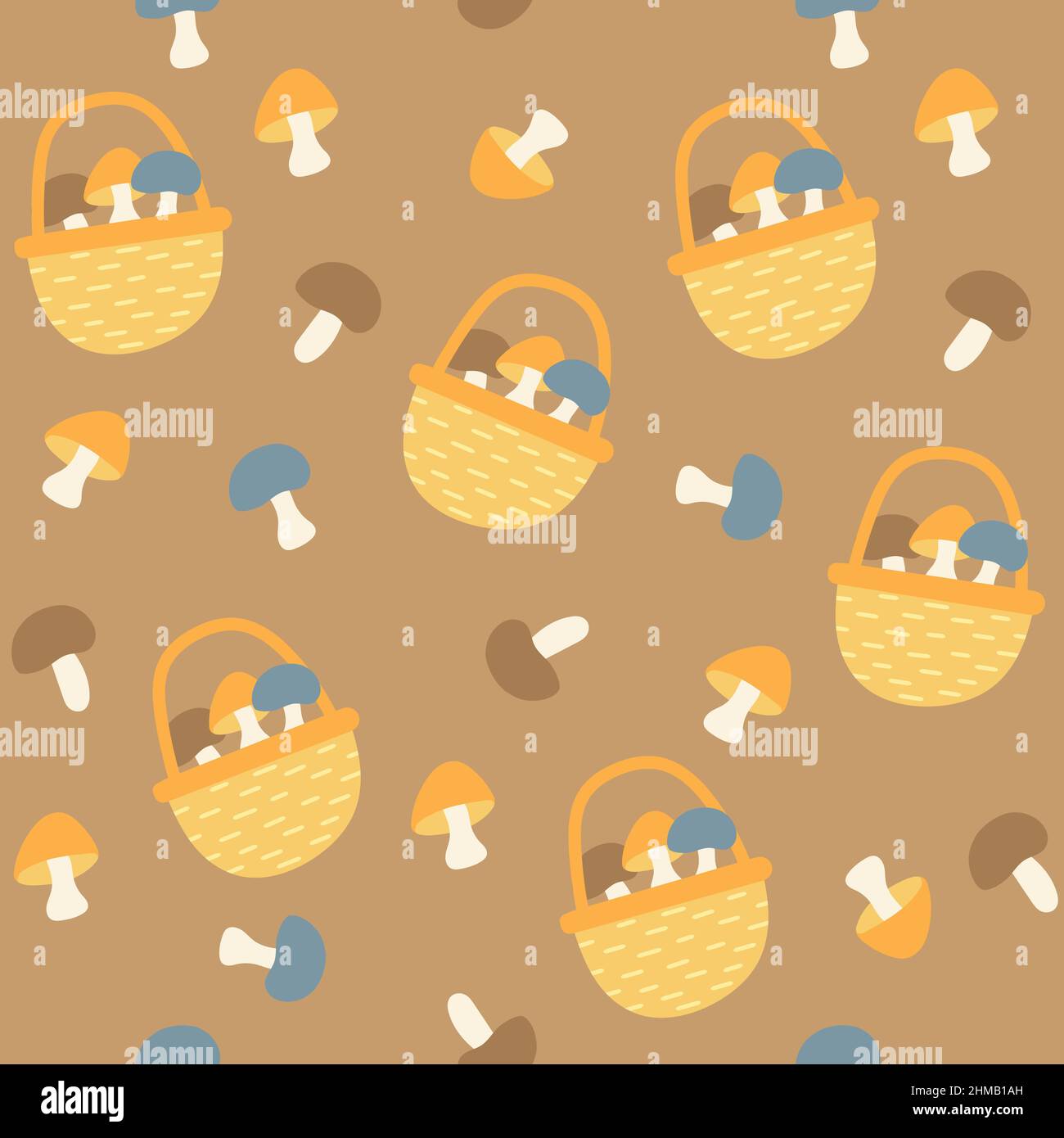 Seamless pattern - hand drawn mushrooms and basket. Vector illustration. Fall endless texture Stock Vector