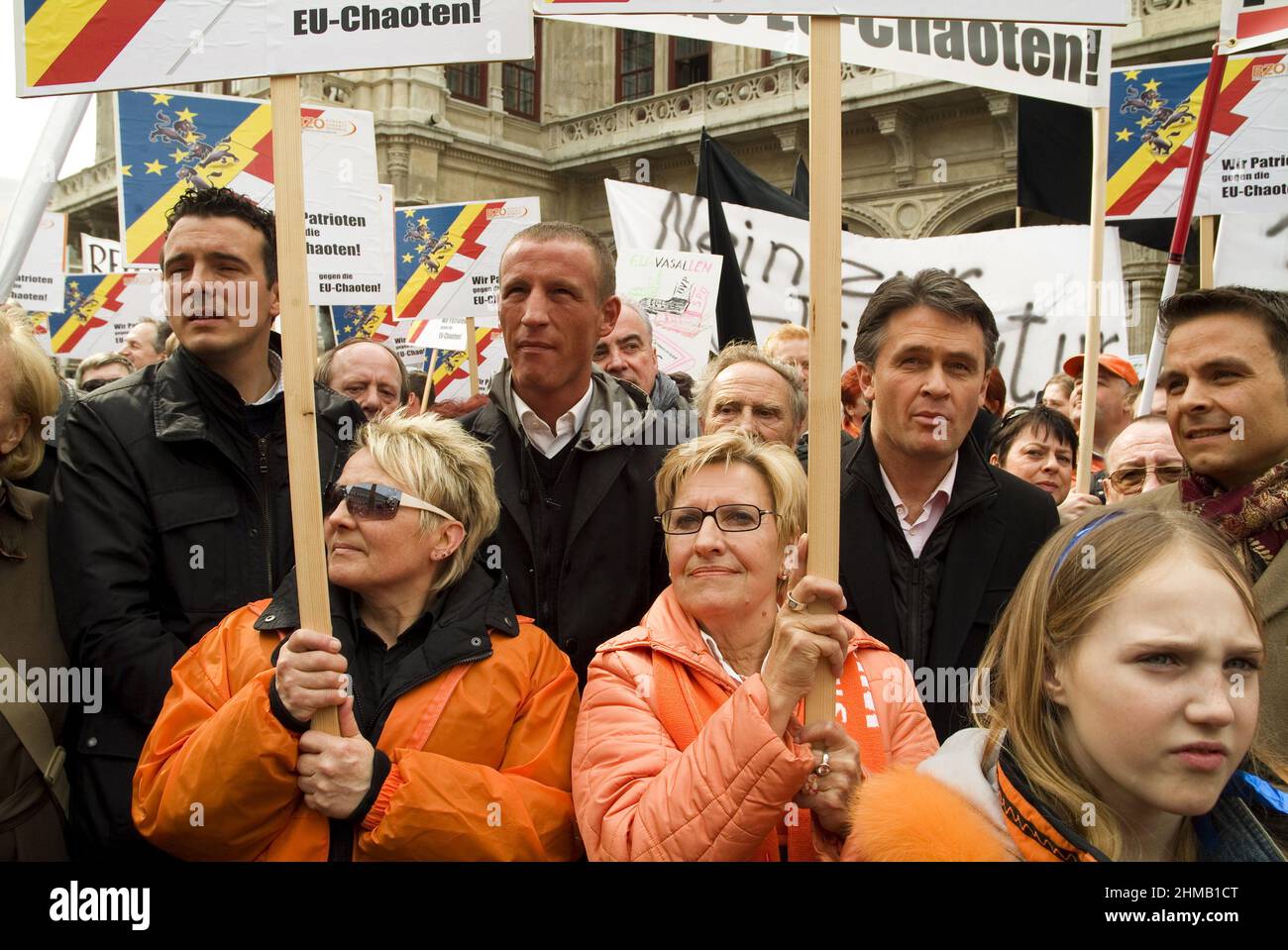 Vienna, Austria. March 23, 2008. Demonstration for referendum against Lisbon Treaty in Vienna. Picture shows second row Stefan Petzner, Peter Westenthaler and Gerald Grosz, Alliance Future Austria (BZÖ) Stock Photo