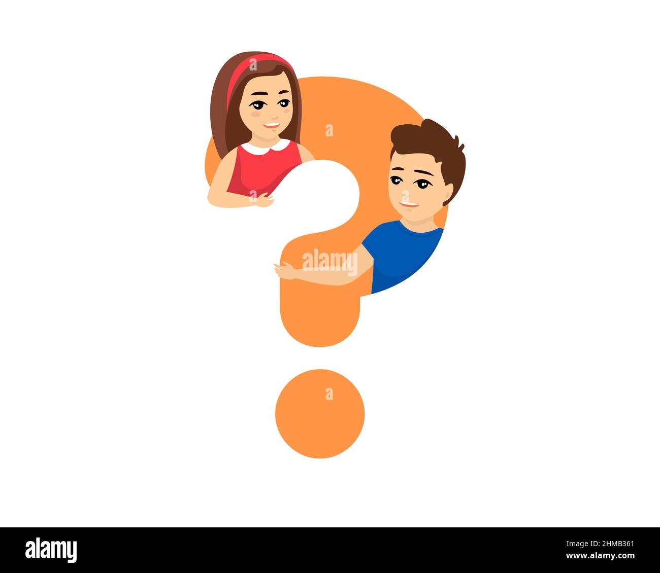 Boy and girl look out from large question mark. Concept of getting knowledge by thoughtful young people. Curious children ask questions and look for answers. Vector isolated eps illustration Stock Vector