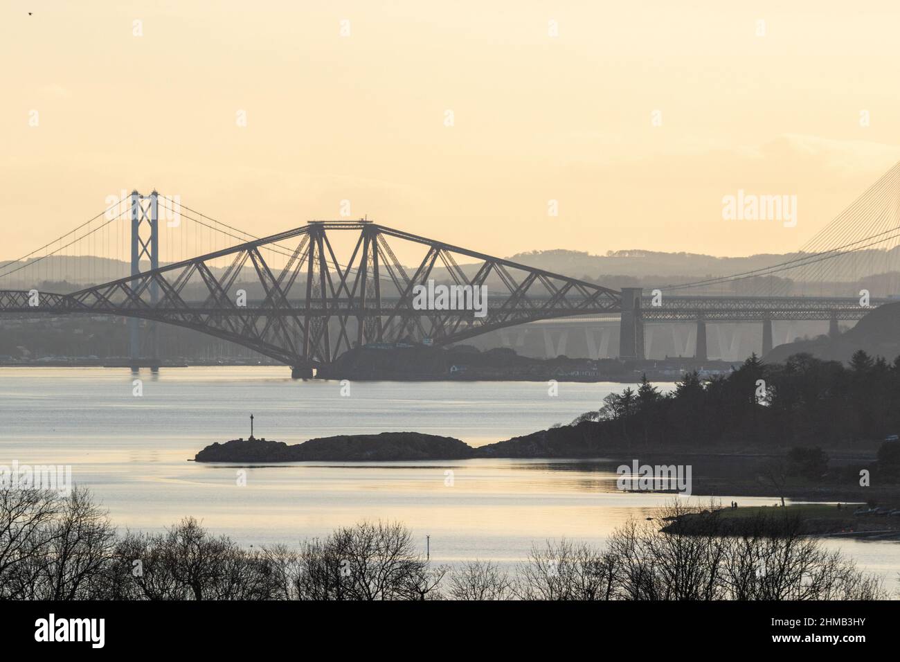 Downing Point and the Forth Bridges from Dalgety Bay, Fife. Stock Photo