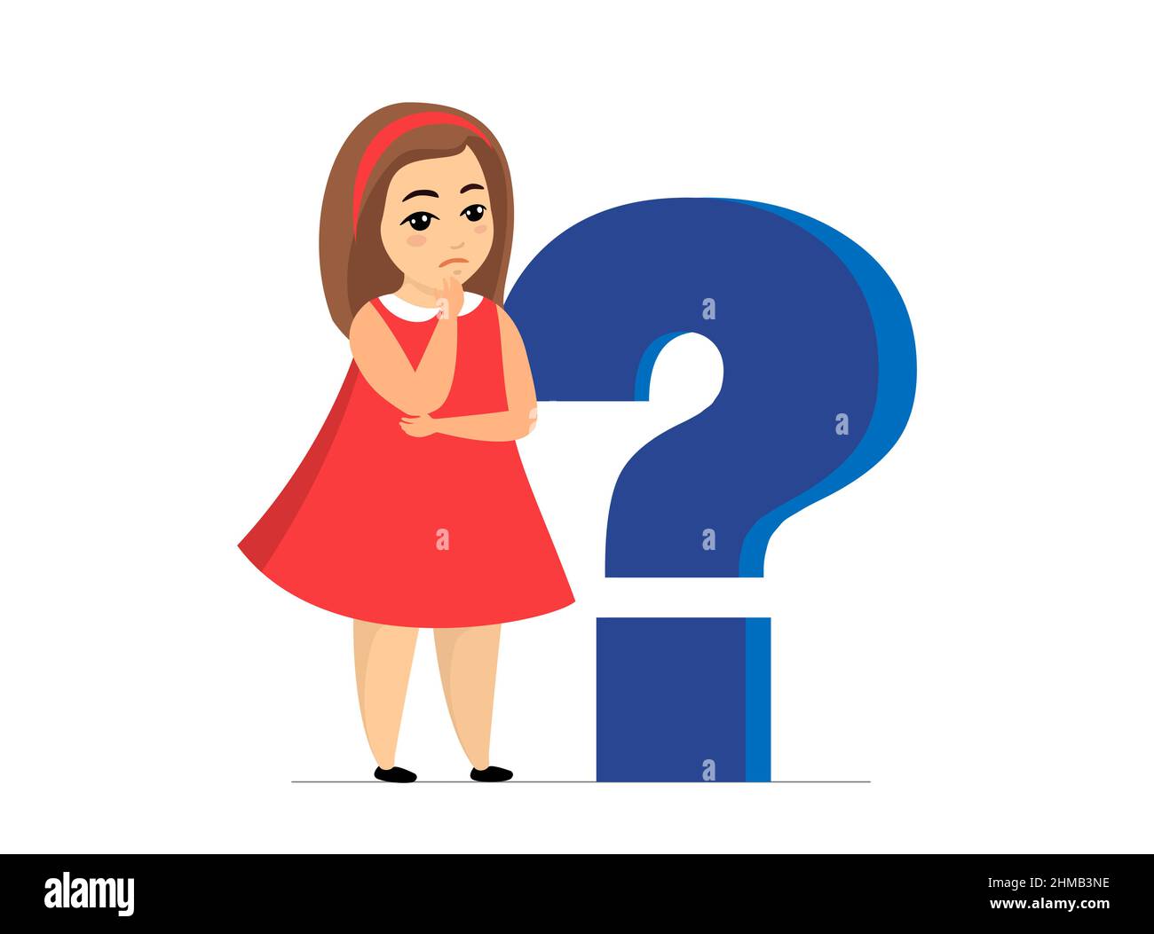 Confused girl standing near large blue question mark on white background. Concept of getting knowledge by thoughtful young female. Ask questions and look for answers concept. Vector eps illustration Stock Vector