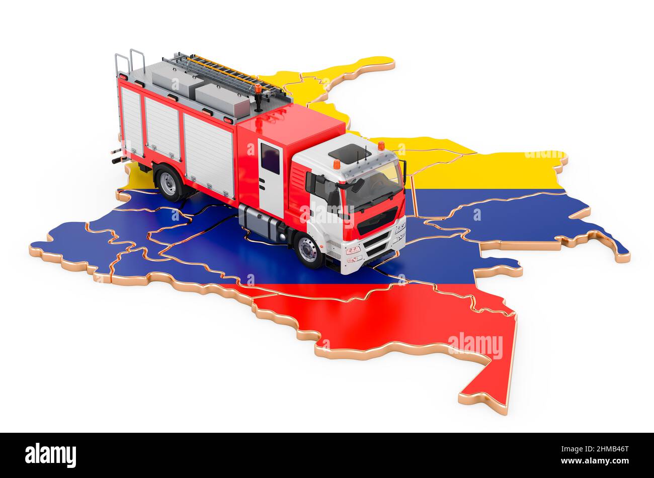Fire department in Colombia. Fire engine truck on the Colombian map. 3D rendering isolated on