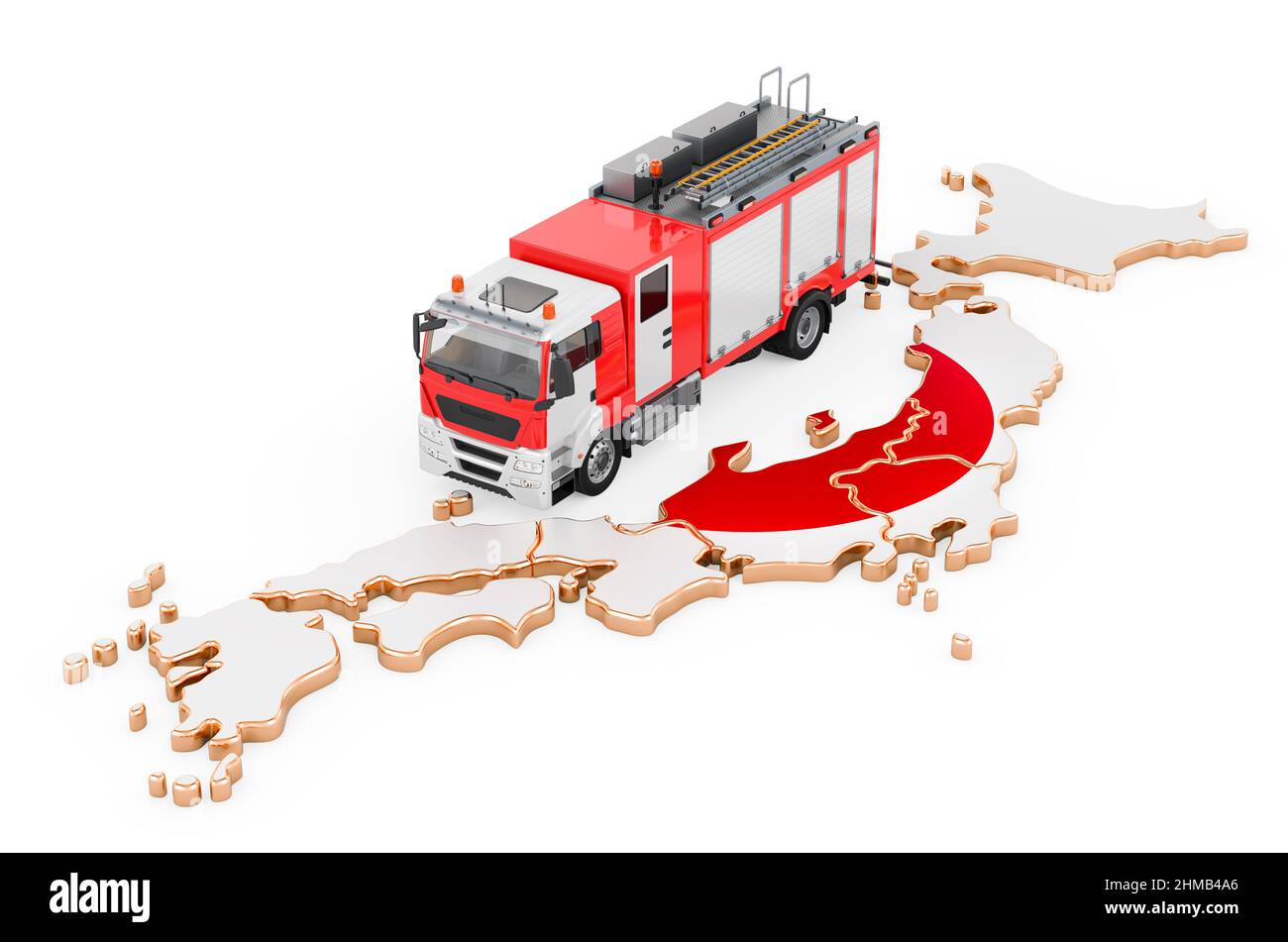 Fire department in Japan. Fire engine truck on the Japanese map. 3D rendering isolated on white background Stock Photo