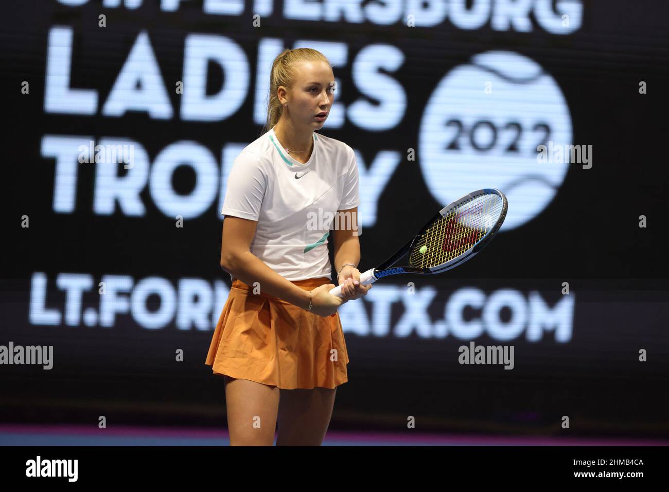 Saint Petersburg, Russia. 08th Feb, 2022. Anastasia Potapova of Russia playing against Maria Sakkari of Greece during the St.Petersburg Ladies Trophy 2022 tennis tournament.Final score: (Anastasia Potapova 0-2 Maria Sakkari). Credit: SOPA Images Limited/Alamy Live News Stock Photo