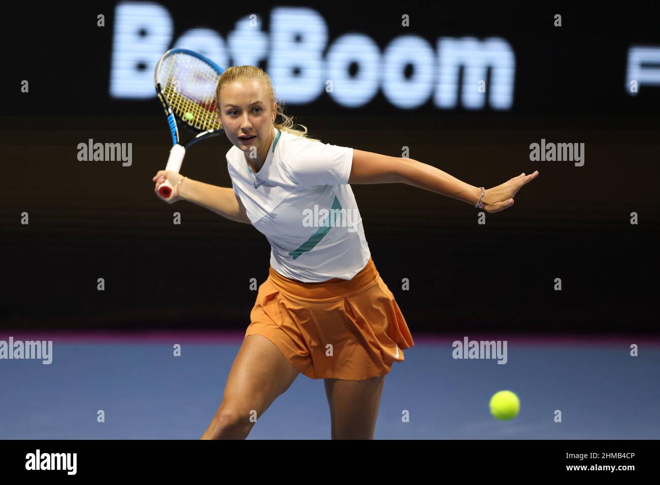 Saint Petersburg, Russia. 08th Feb, 2022. Anastasia Potapova of Russia playing against Maria Sakkari of Greece during the St.Petersburg Ladies Trophy 2022 tennis tournament.Final score: (Anastasia Potapova 0-2 Maria Sakkari). Credit: SOPA Images Limited/Alamy Live News Stock Photo