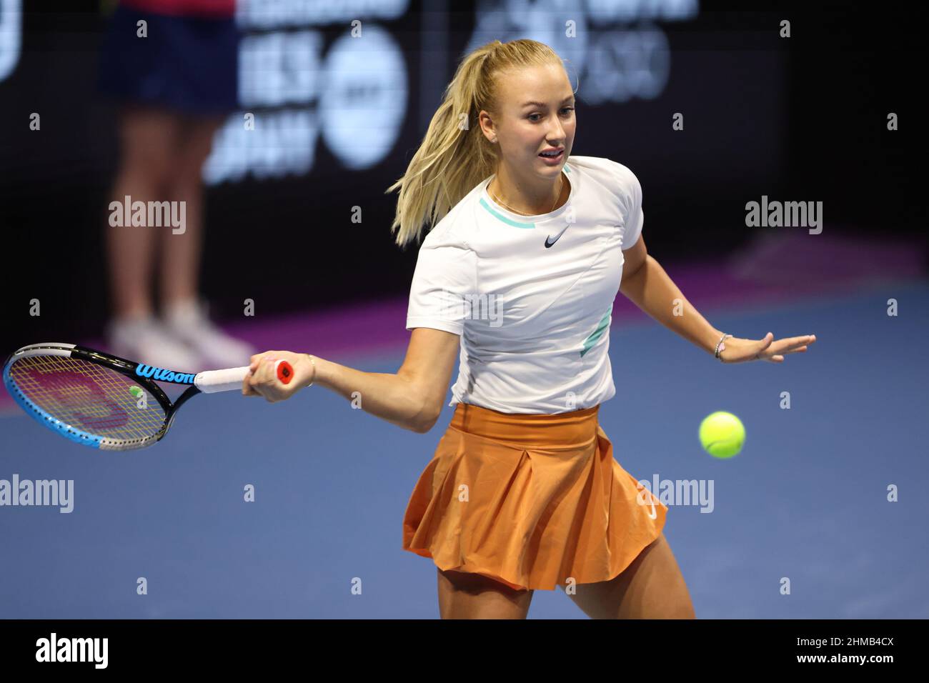 Saint Petersburg, Russia. 08th Feb, 2022. Anastasia Potapova of Russia playing against Maria Sakkari of Greece during the St.Petersburg Ladies Trophy 2022 tennis tournament.Final score: (Anastasia Potapova 0-2 Maria Sakkari). Credit: SOPA Images Limited/Alamy Live News Stock Photo