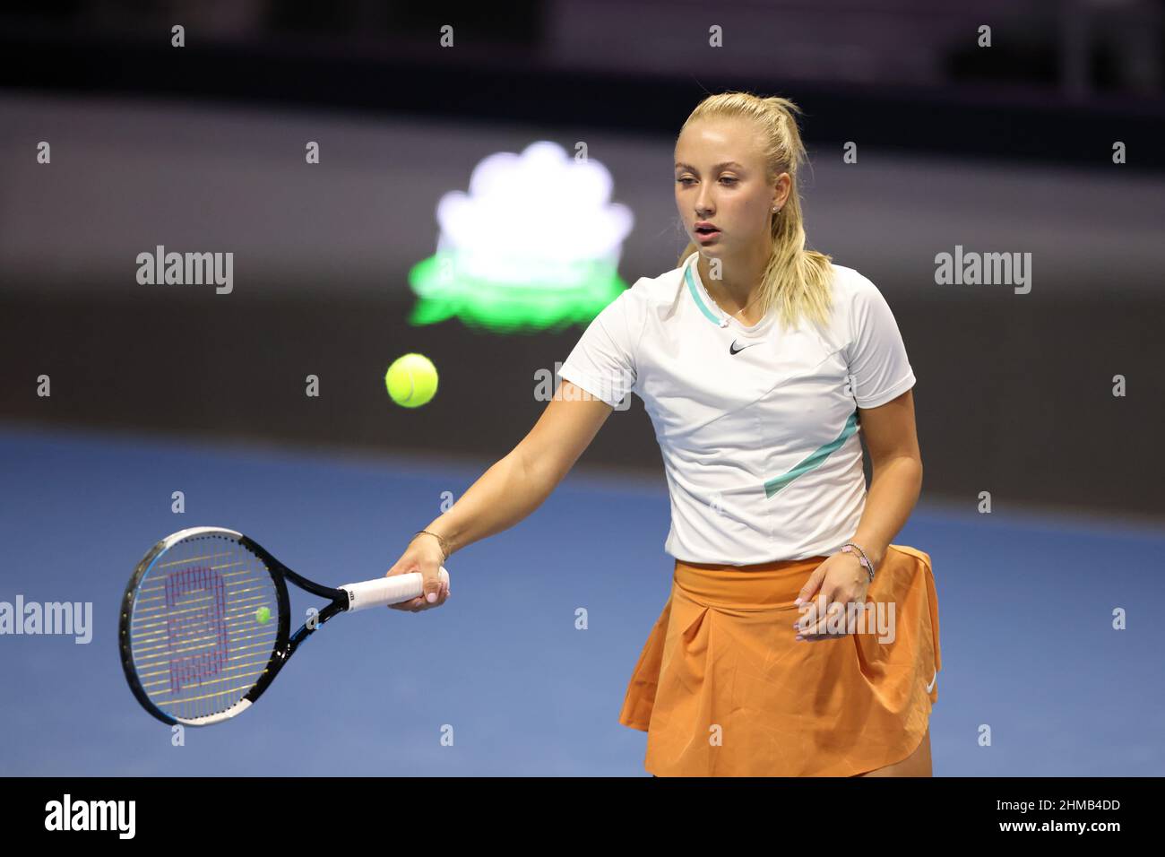 Saint Petersburg, Russia. 08th Feb, 2022. Anastasia Potapova of Russia playing against Maria Sakkari of Greece during the St.Petersburg Ladies Trophy 2022 tennis tournament.Final score: (Anastasia Potapova 0-2 Maria Sakkari). Credit: SOPA Images Limited/Alamy Live News Stock Photo