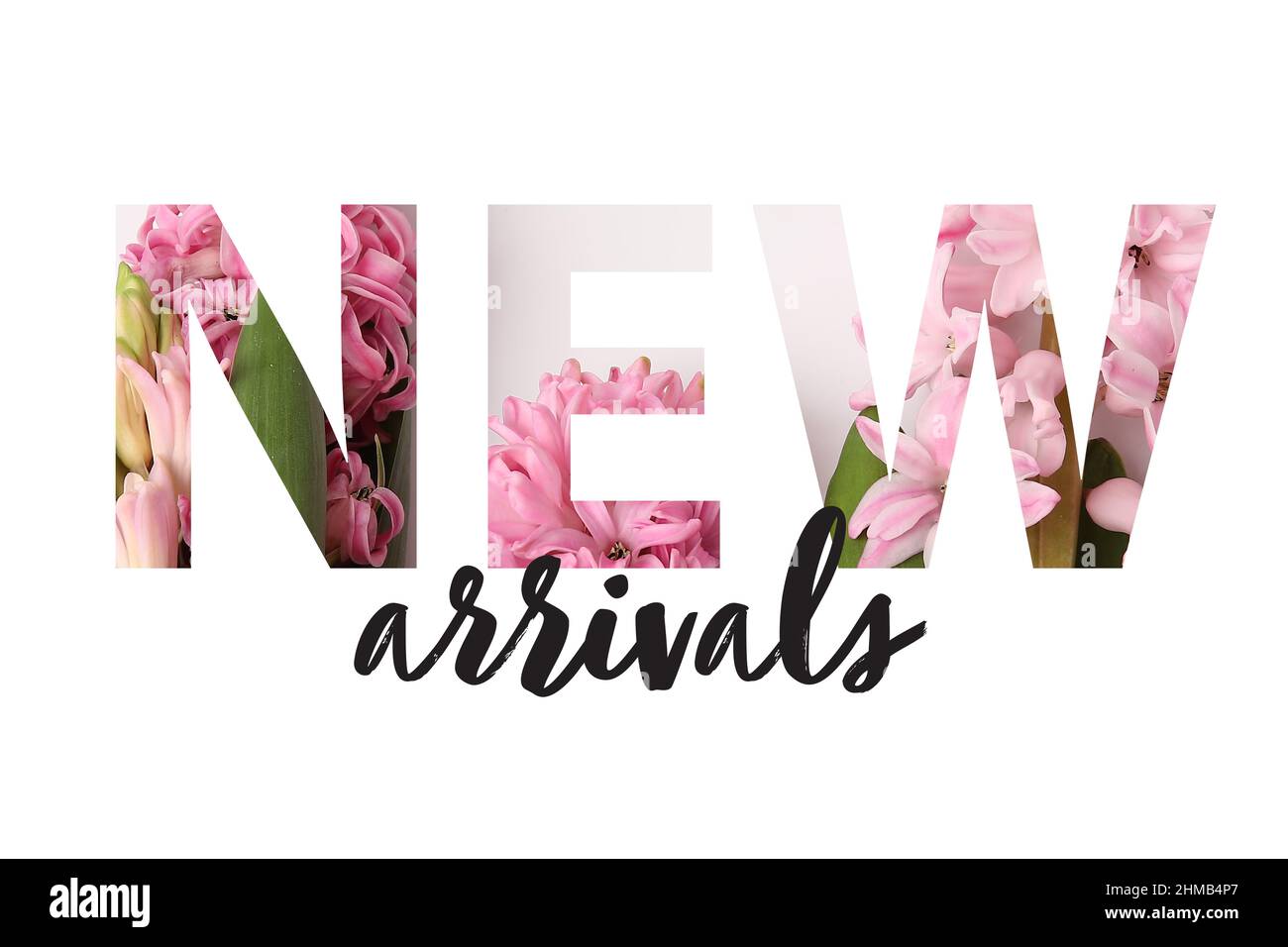 Text NEW ARRIVALS with hyacinth flowers on white background Stock Photo