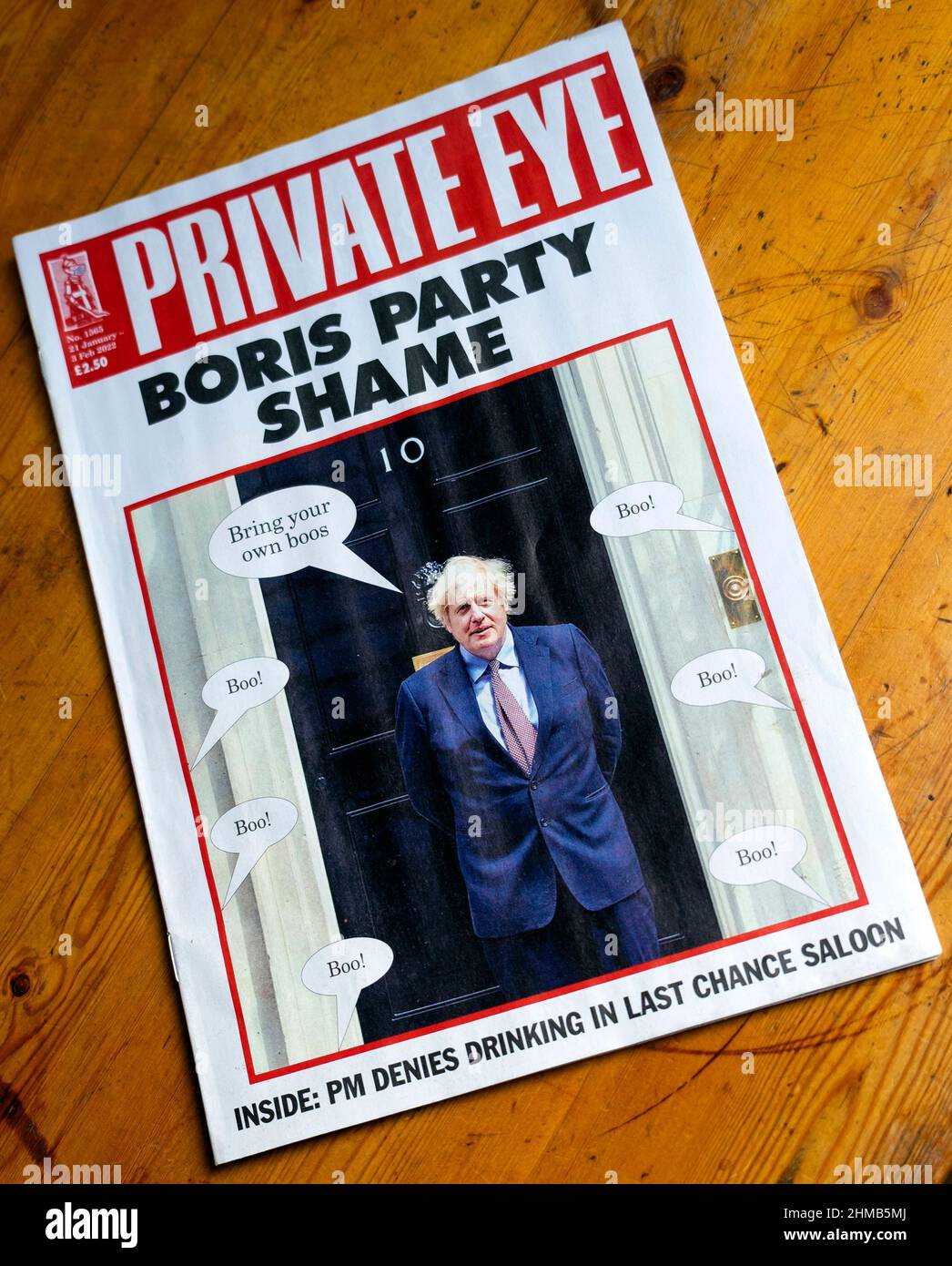 Boris Johnson partygate Number 10 Downing Street Private Eye front cover headline 'Boris Party Shame' January February issue 2022 London England UK Stock Photo