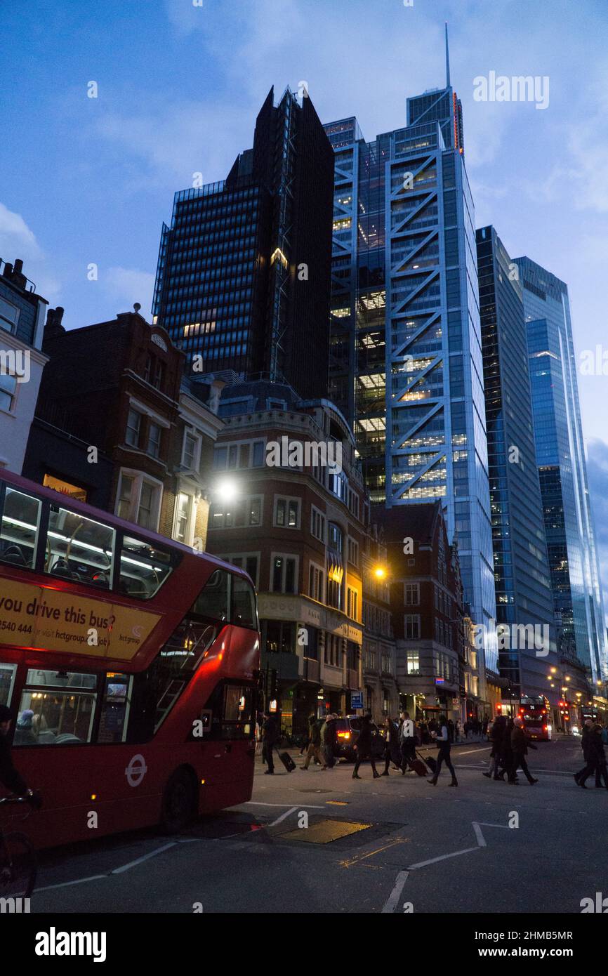 London, UK, 6 February 2022: Dusk views along Bishopsgate in the City of London, where buses and taxis bring people to Liverpool Street station. Anna Stock Photo