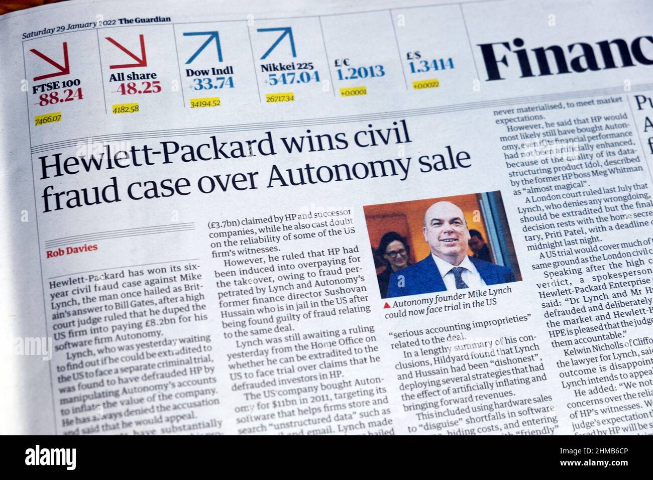 'Hewlett-Packard wins civi fraud case over Autonomy sale' Guardian Financial newspaper headline clipping article 29 January 2022 London England UK Stock Photo