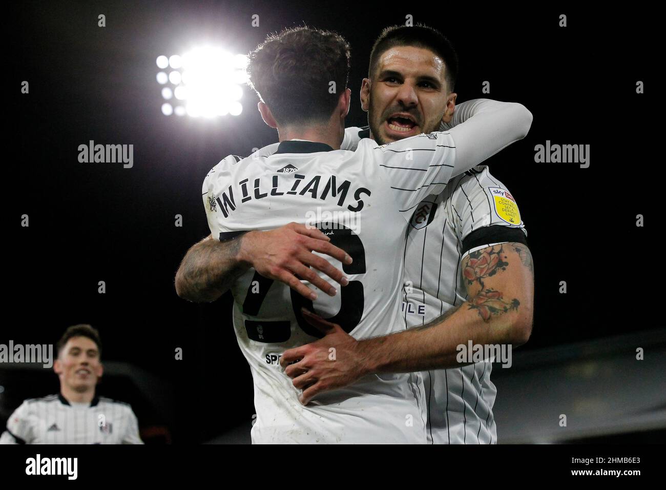 London, UK. 08th Feb, 2022. GOAL: Aleksandar Mitrovic #9 of Fulham celebrates scoring with Neco Williams #20 of Fulham. in London, United Kingdom on 2/8/2022. (Photo by Carlton Myrie/News Images/Sipa USA) Credit: Sipa USA/Alamy Live News Stock Photo