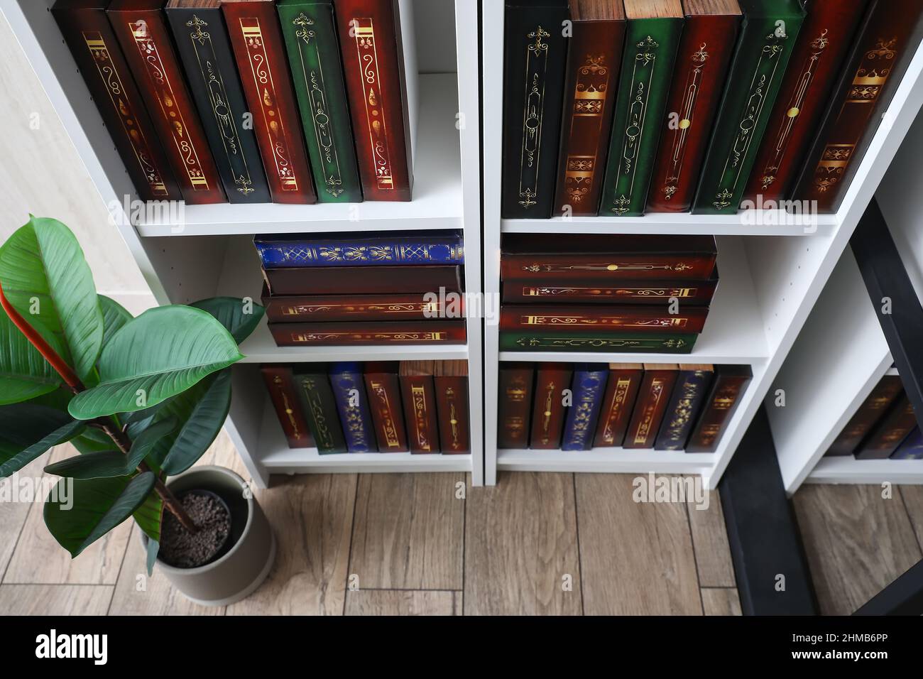 Shelf unit with books in home library Stock Photo