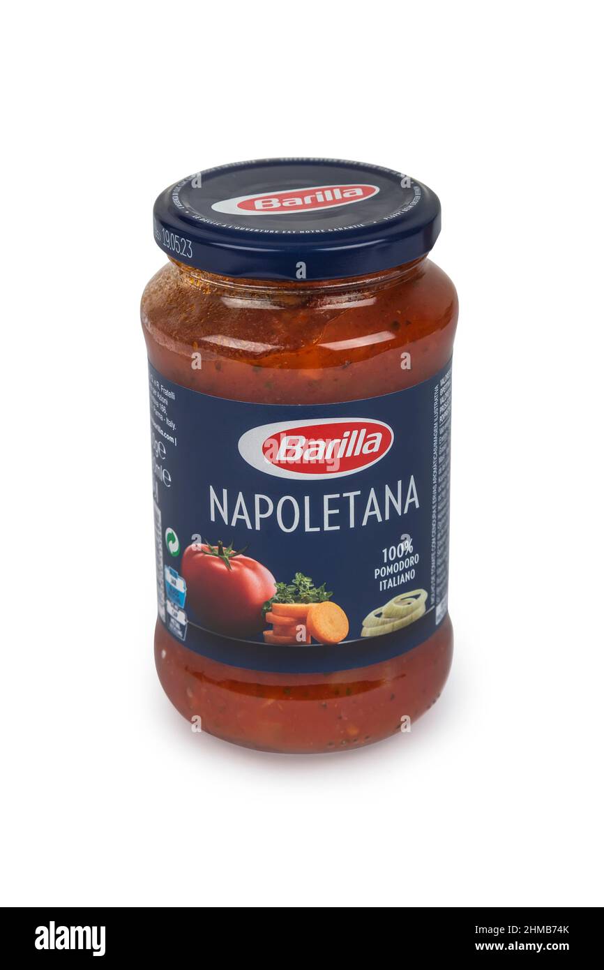 PULA, CROATIA - FEBRUARY 5, 2022: A 400g jar of Barilla Napoletana saucei isolated against a white background. The company was founded in 1877 in Pont Stock Photo