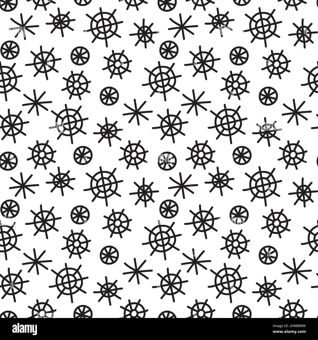 Black and white hand drawn geometric snowflake seamless pattern. Doodle ...