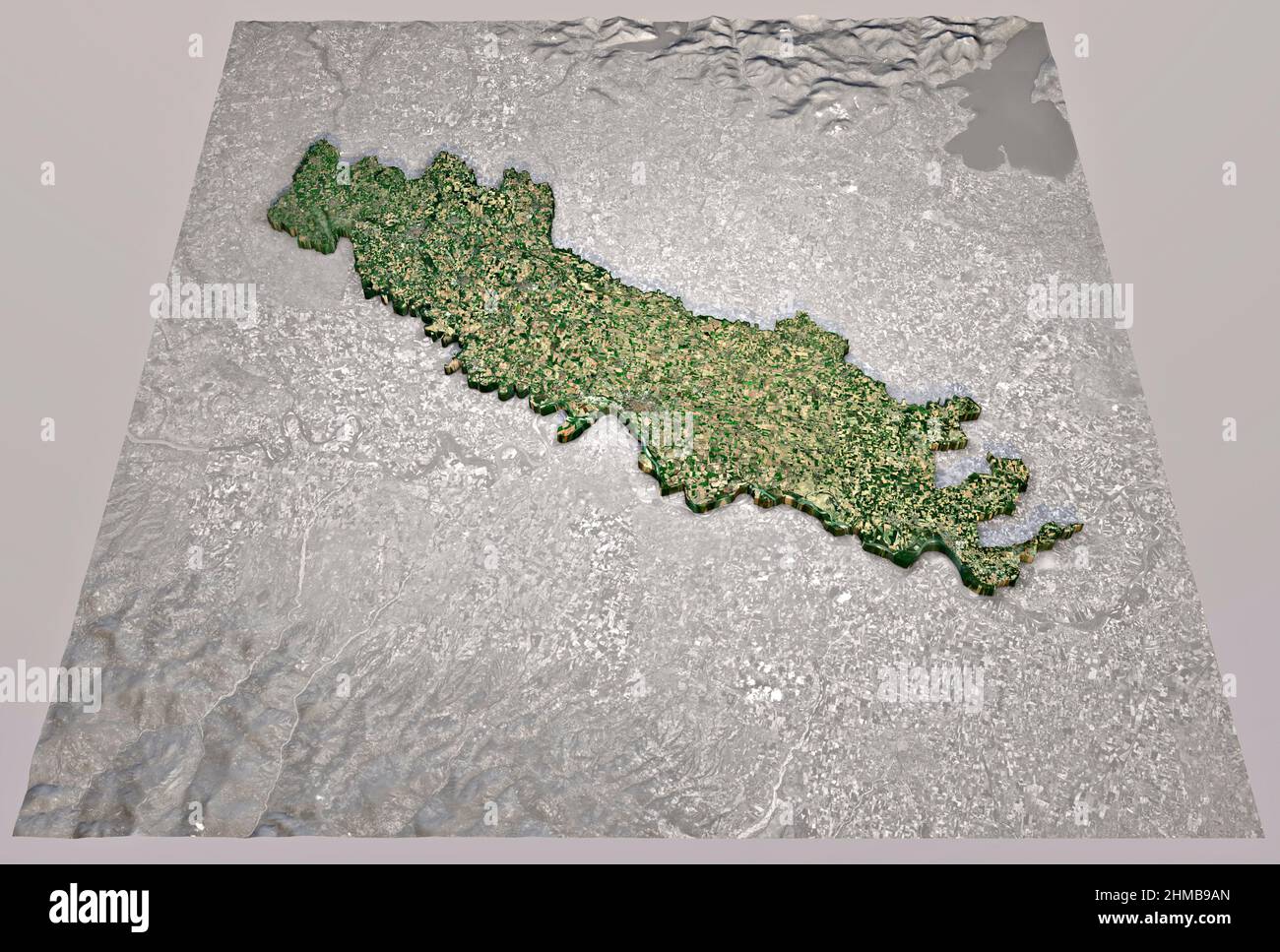 Satellite view of Cremona province, Lombardia region. Italy. 3d rendering. Physical map, plains, mountains, lakes, mountain range Stock Photo