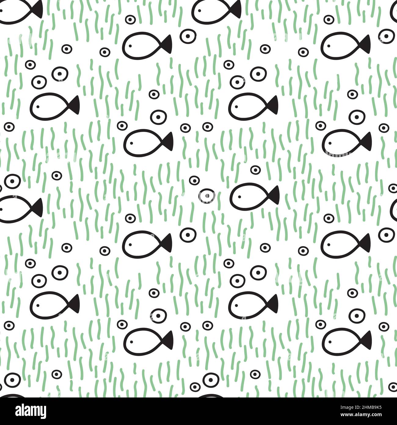 Hand drawn fish and bubbles seamless pattern Doodle style vector. Stock Vector