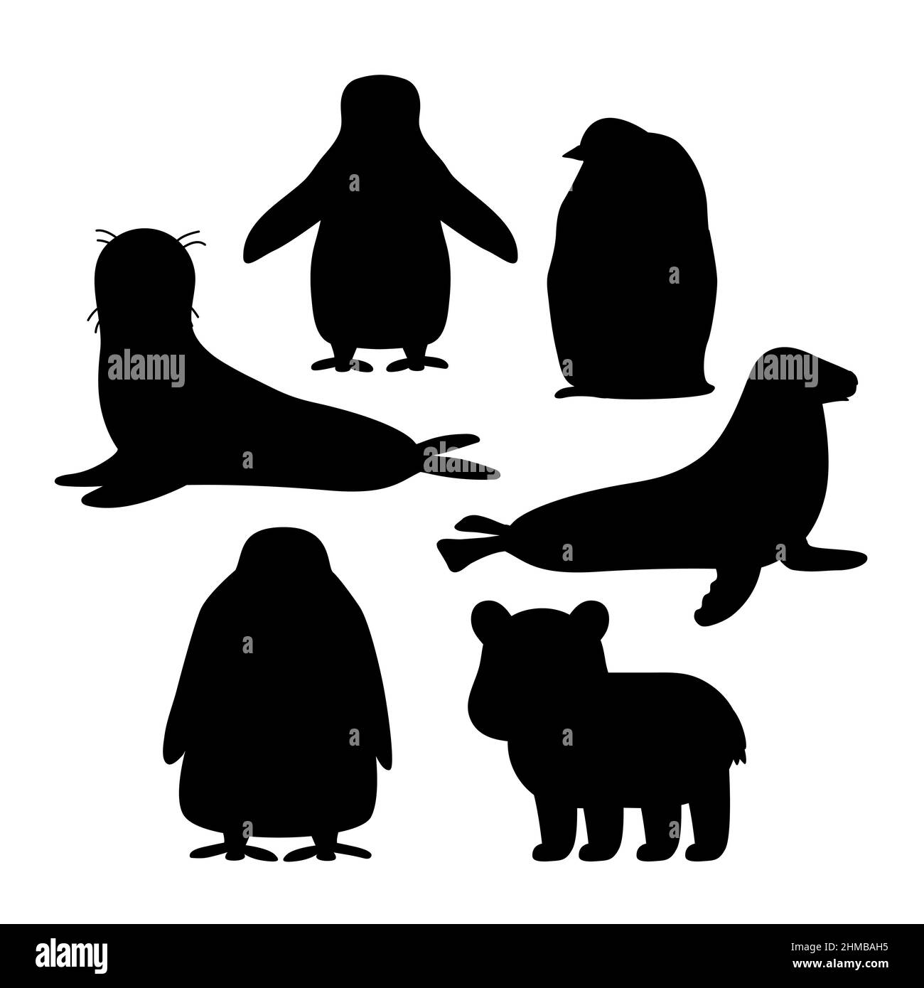 Set of black white silhouette vector Penguin, king penguin chick, fur seal, polar bear cub small common seal. Isolated small cartoon cute sea and ocea Stock Vector