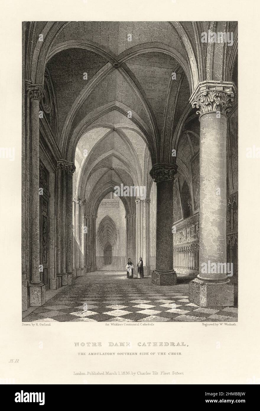 French Cathedral, Notre Dame Cathedral, France, Antique French Engraving, 1837 Stock Photo