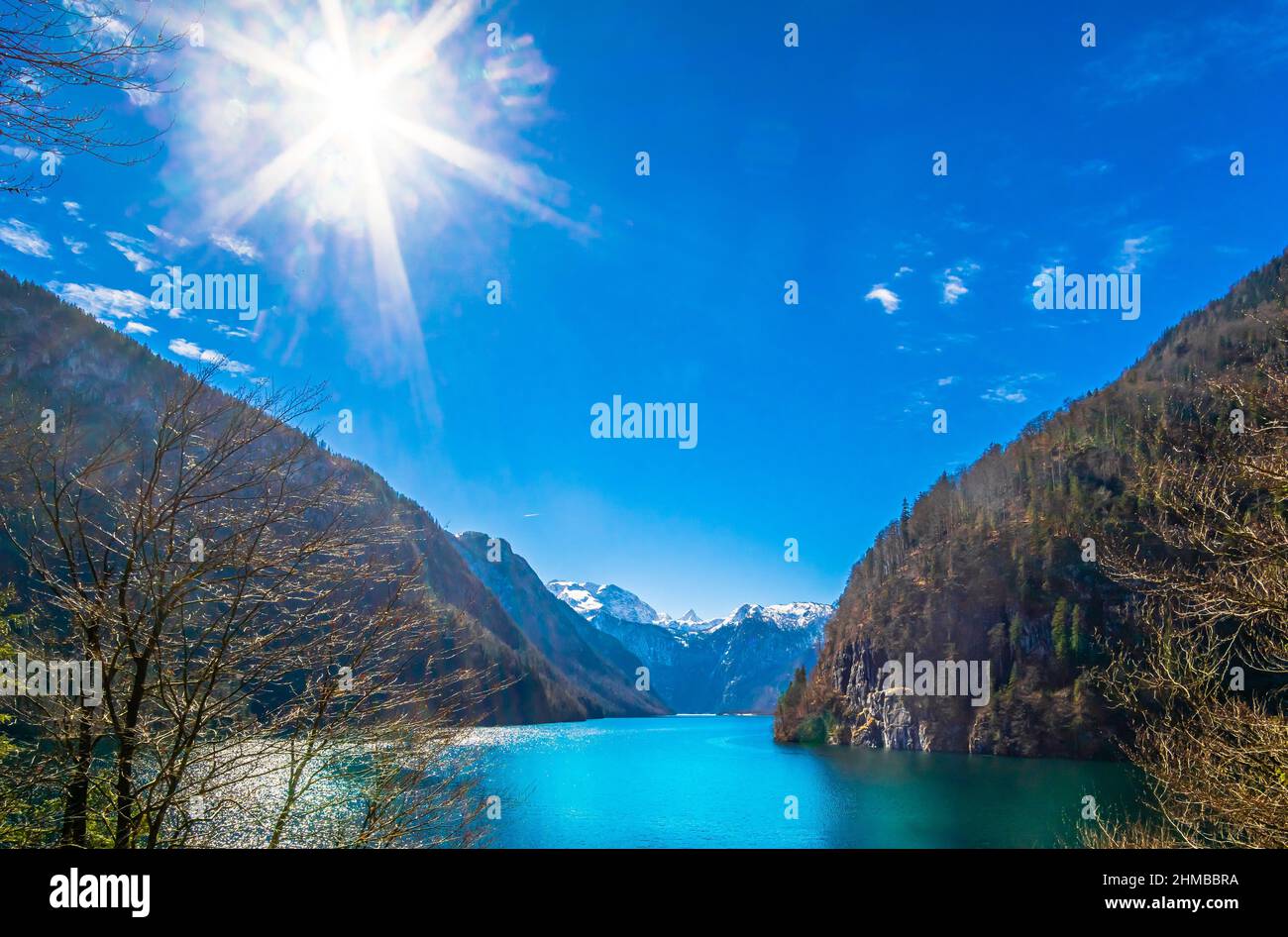 Majestic view of the Koenigssee between snow covered mountains at Berchtesgaden at winter Stock Photo