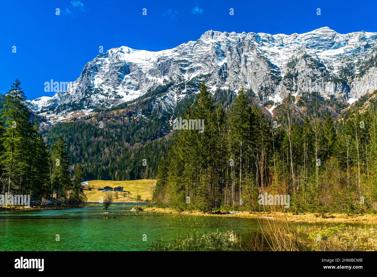 Lake Hintersee next to Ramsau, Bavaria, Germany, in a sunny day in winter Stock Photo