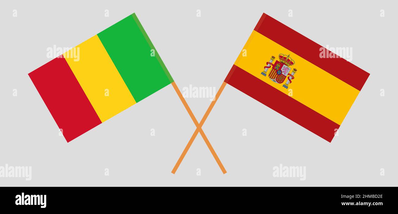 Crossed flags of Mali and Spain. Official colors. Correct proportion. Vector illustration Stock Vector