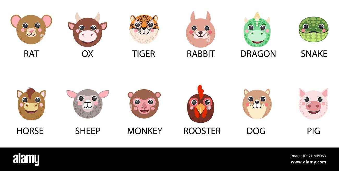 Round Animals faces Set Chinese Zodiac Twelve Signs portraits with names  text Icons Cute cartoon illustration