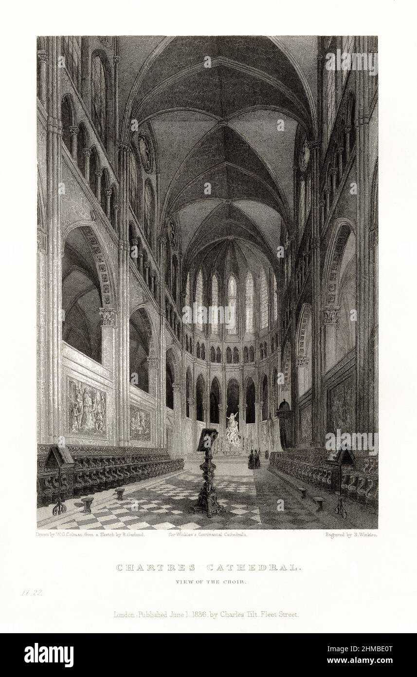 French Cathedral, Chartres Cathedral, Rouen, France, Antique French Engraving, 1837 Stock Photo