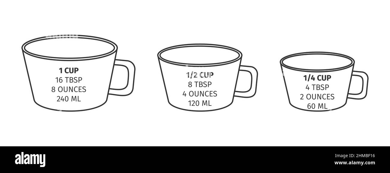 Whole, half and quarter of cup converted to tablespoons, ounces and milliliters. Kitchen conversions chart. Basic metric units of cooking measurements. Vector outline illustration. Stock Vector
