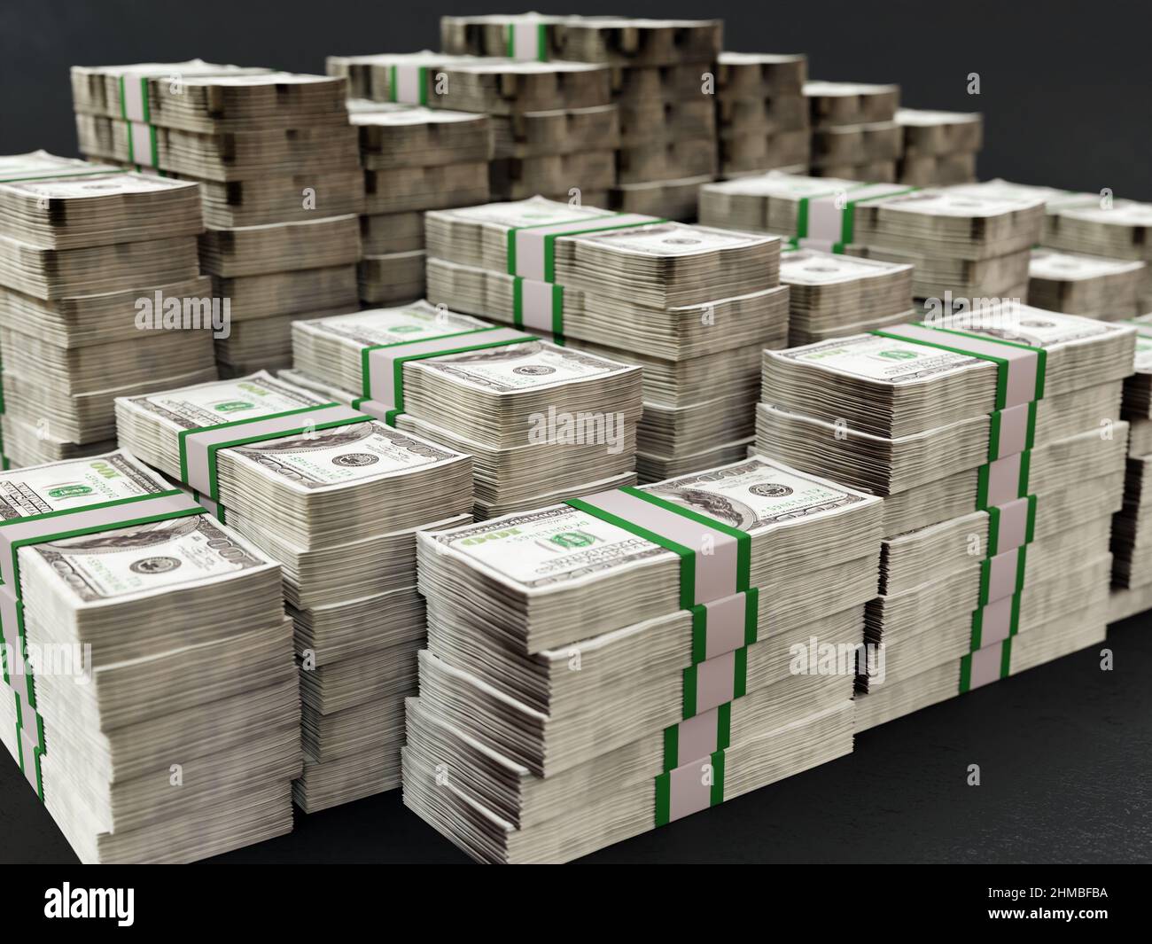3D rendering of many piles of 100 dollar bill wads Stock Photo