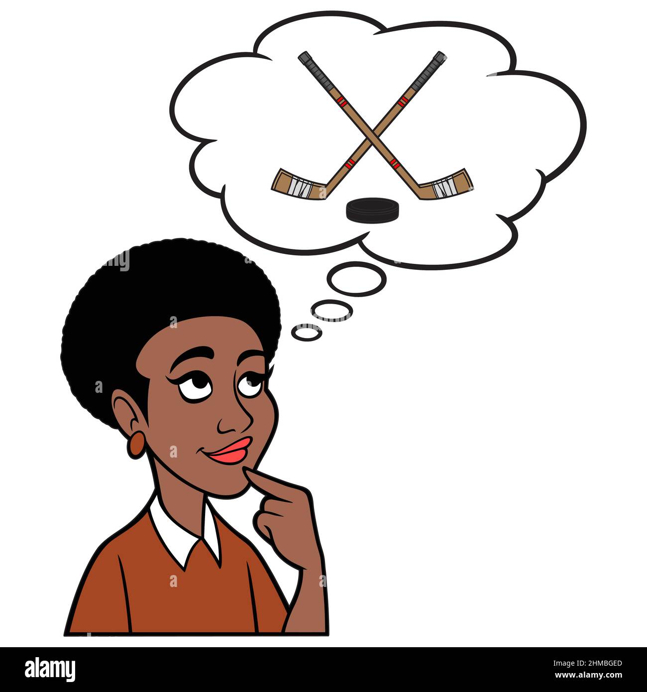 Black Woman thinking about a Hockey Game - A cartoon illustration of a Black Woman thinking about weekend Hockey Game. Stock Vector