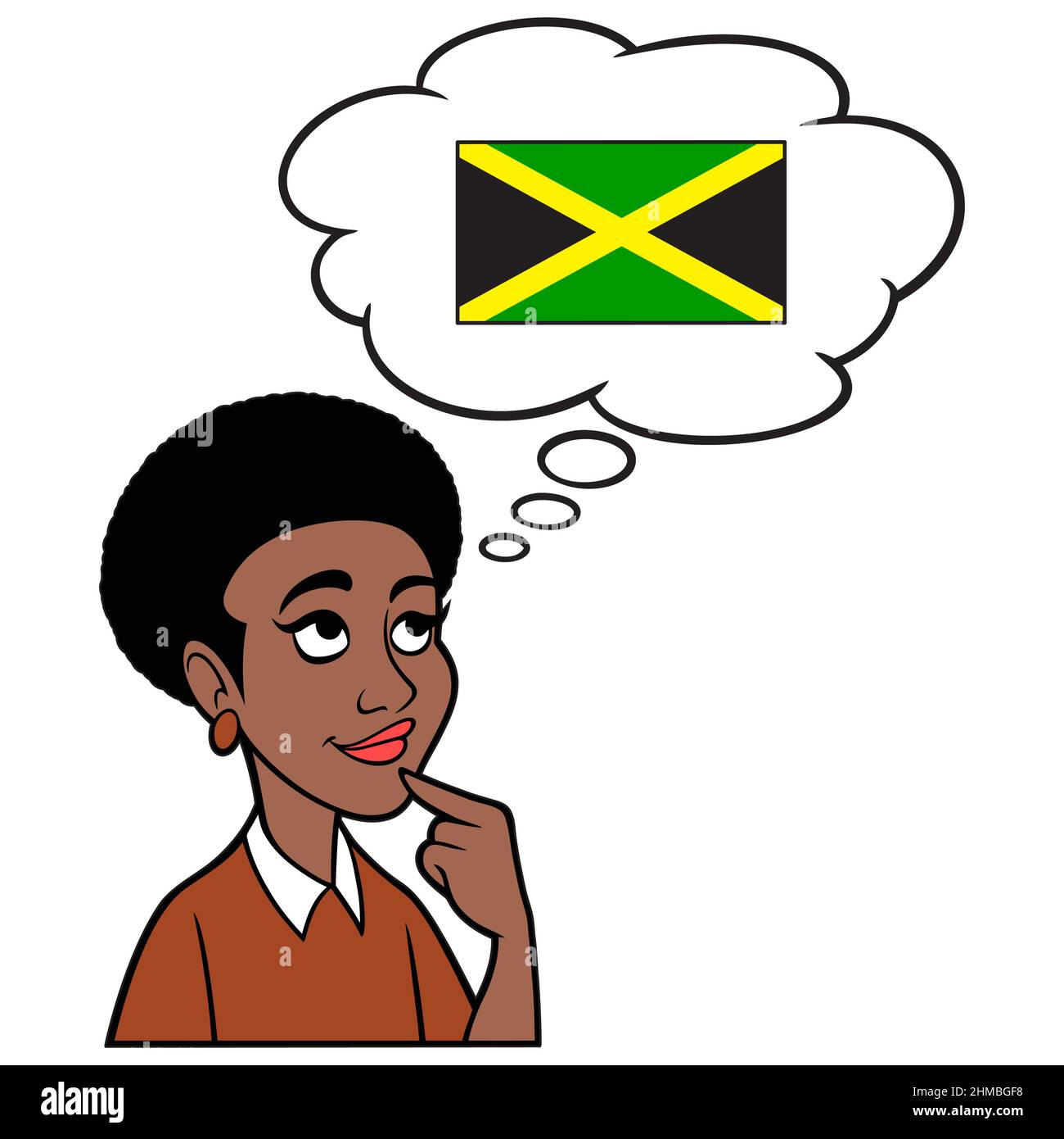 Black Woman thinking about Jamaica - A cartoon illustration of a Black Woman thinking about taking a vacation trip to Jamaica. Stock Vector