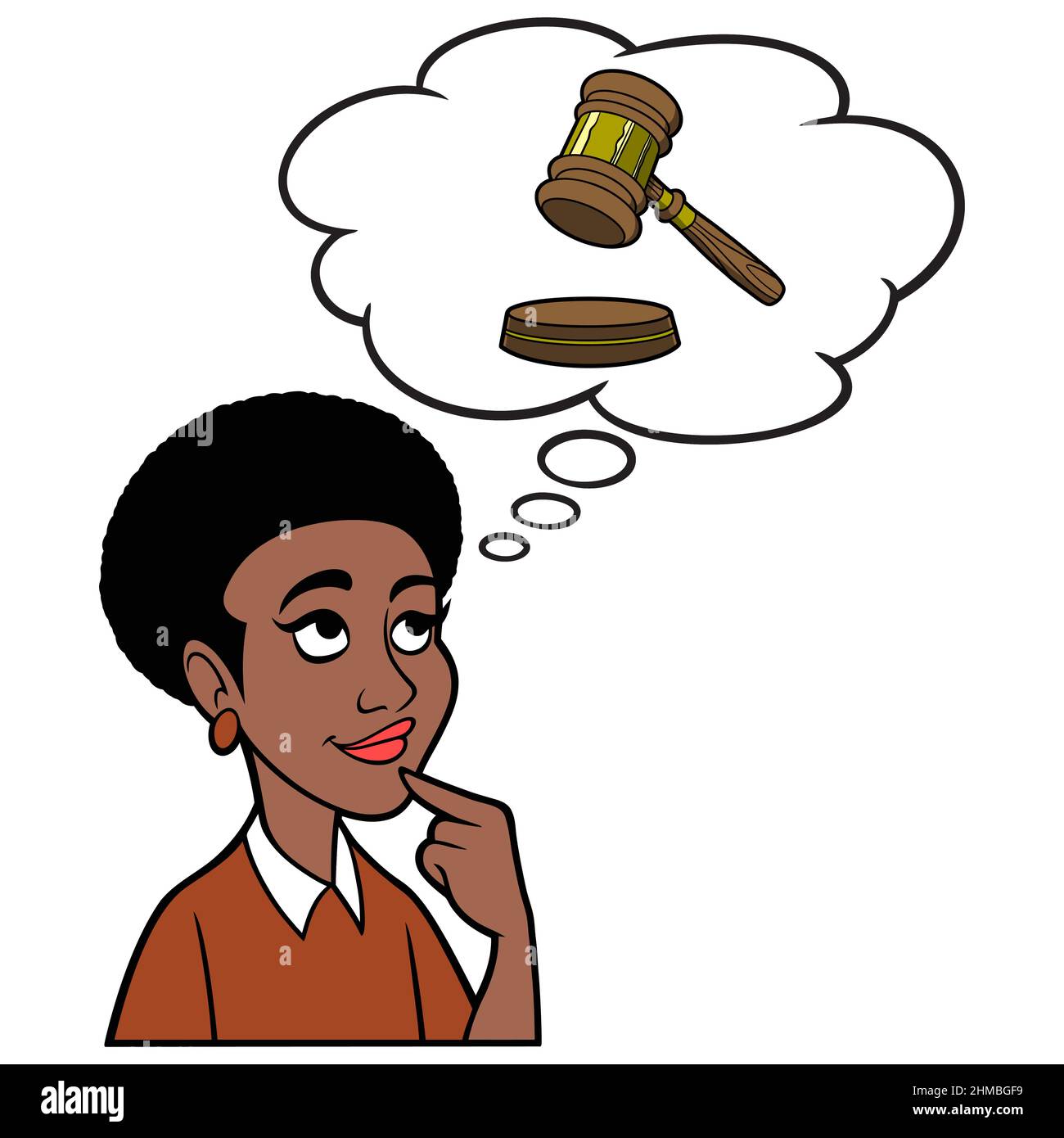 Black Woman thinking about a Judge Gavel - A cartoon illustration of a Black Woman thinking about a Judge Gavel. Stock Vector