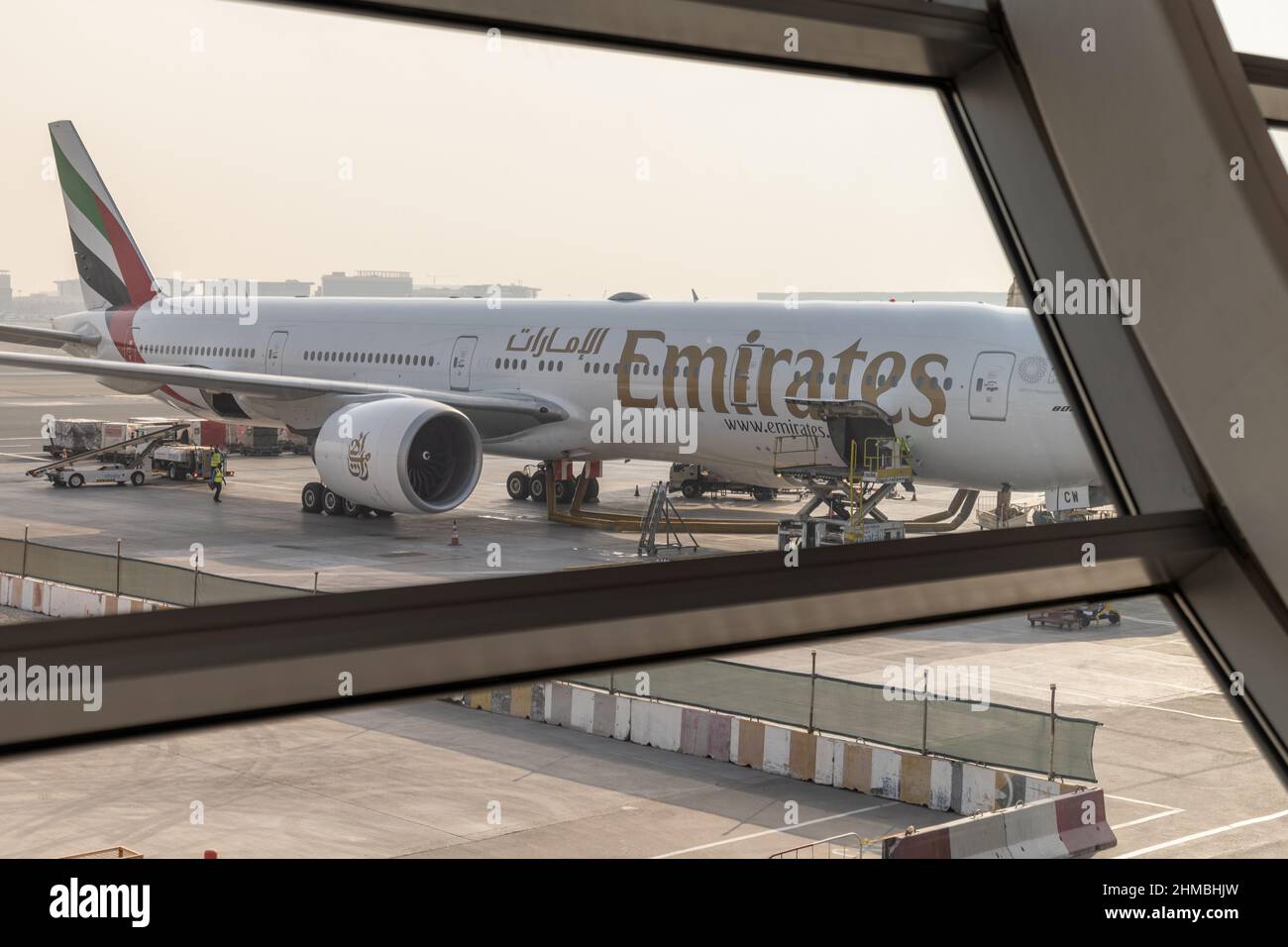 Dubai, UAE - September 2021: Emirates Airlines aircraft in Dubai Airport, UAE. Emirates is an airline based in Dubai, UAE Stock Photo