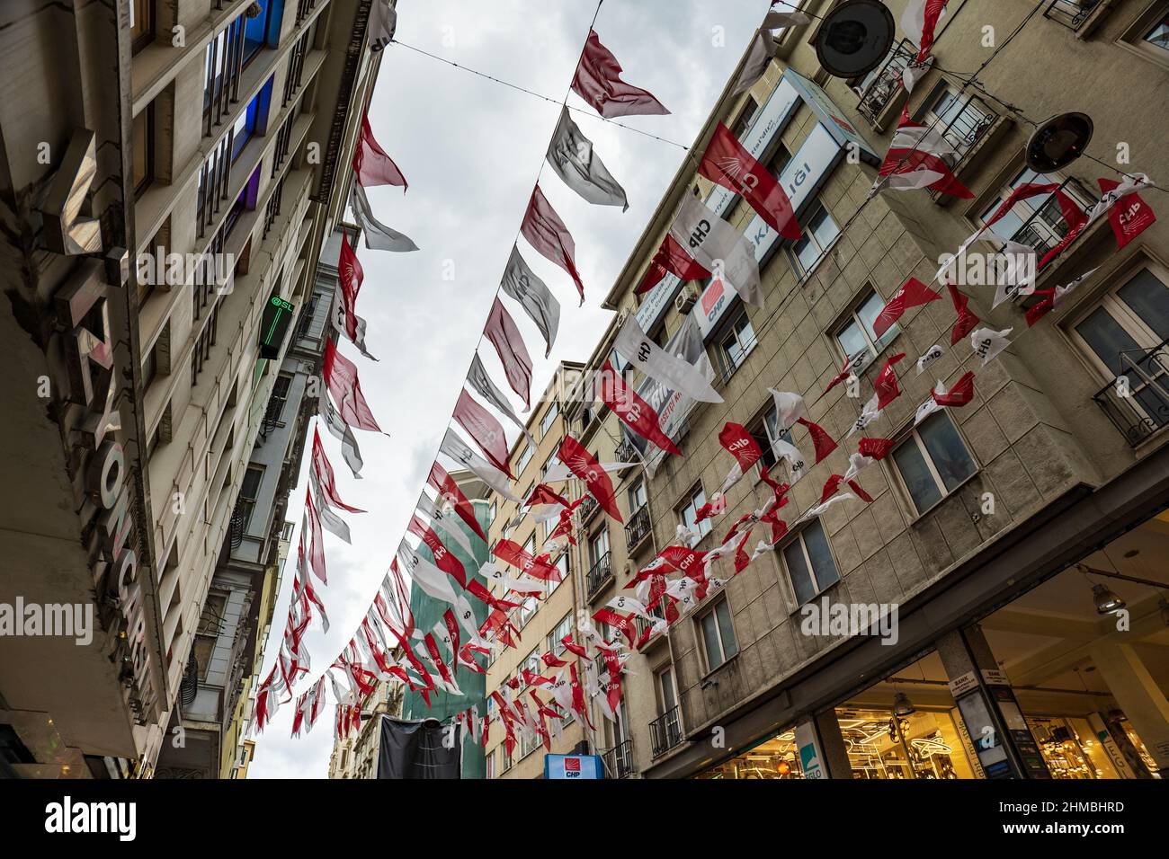 Istanbul, Turkey - November 2021 -  Republican People's Party (CHP) flags with logo.  CHP is the main opposition political party in Turkey. Stock Photo